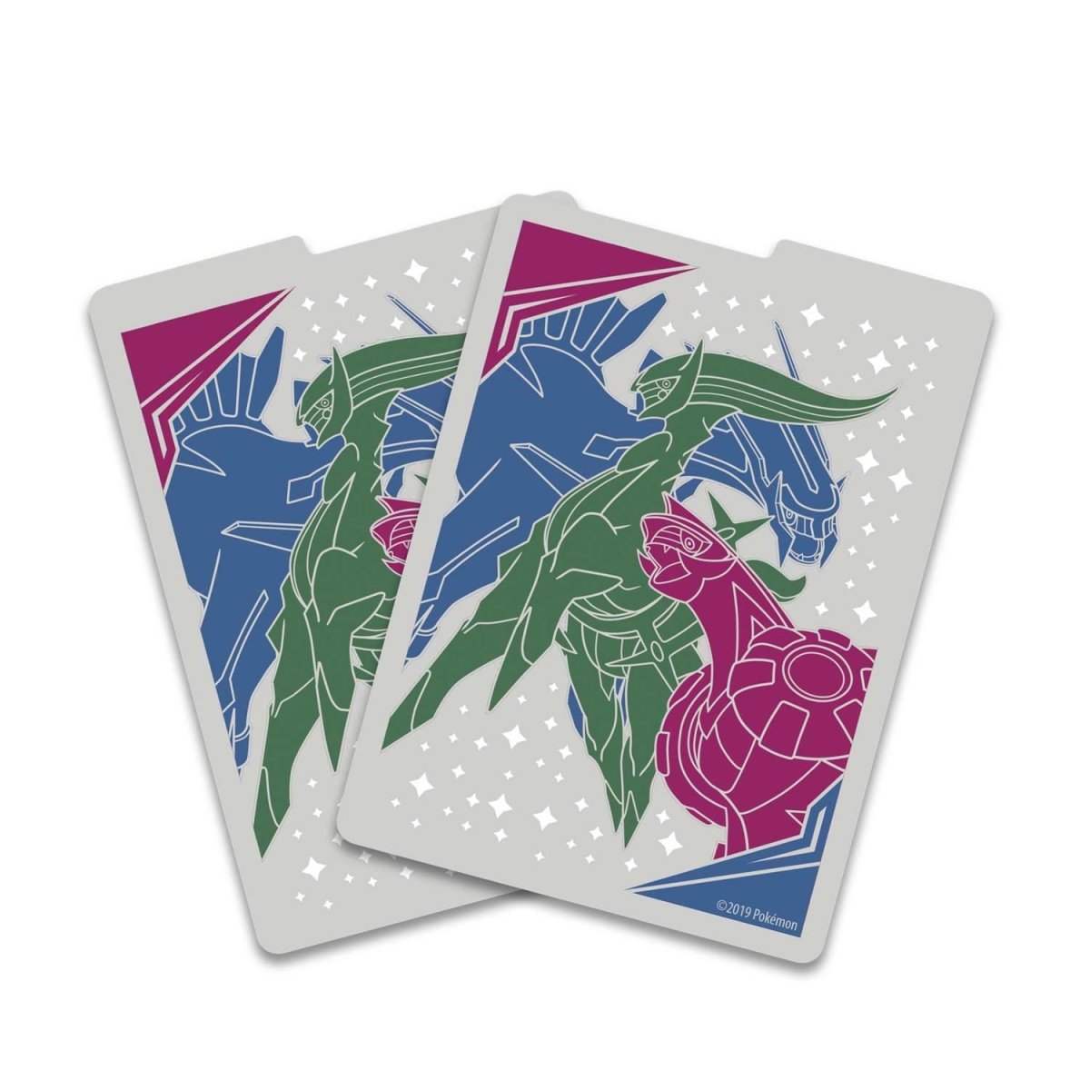 Three playing cards with colorful dragon designs on a white background