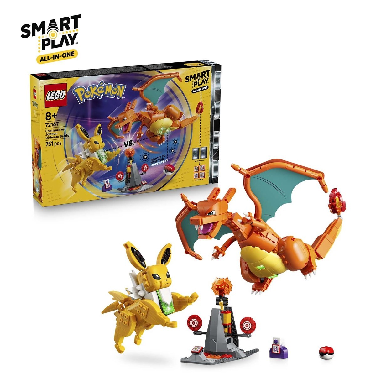 LEGO Pokemon Charizard and Pichu set with packaging on a white background