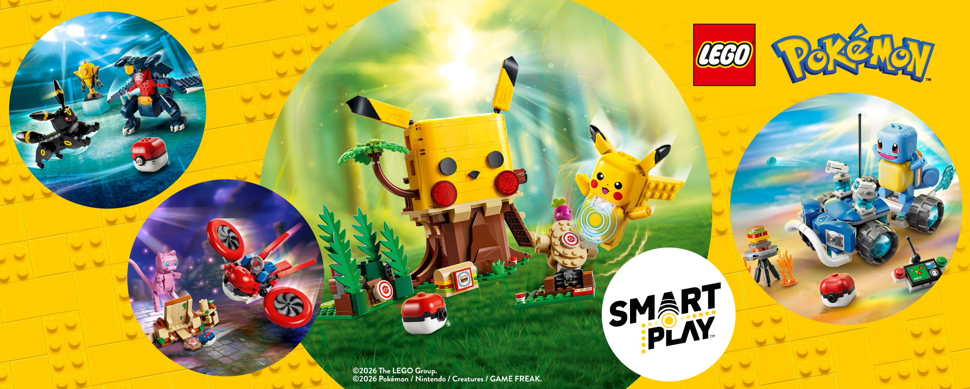 LEGO Pokémon Smart Play set promotional graphic on a bright yellow background with LEGO and Pokémon branding. The central panel shows a yellow Pikachu figure in a grassy scene with a tree-like Pokémon head, while three circular inset images on the left and right show other LEGO Pokémon build scenes.