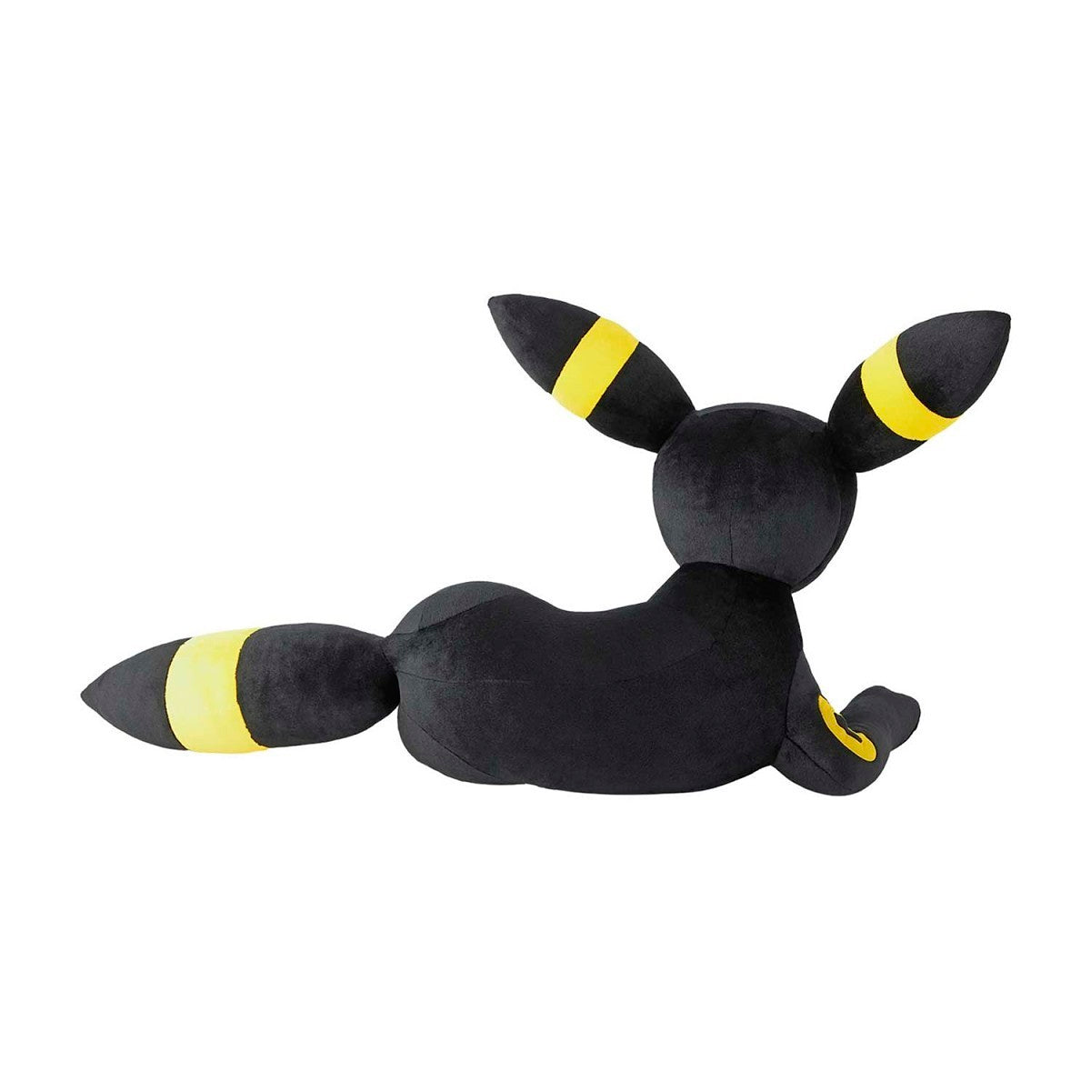 Plush toy of a black and yellow creature on a white background