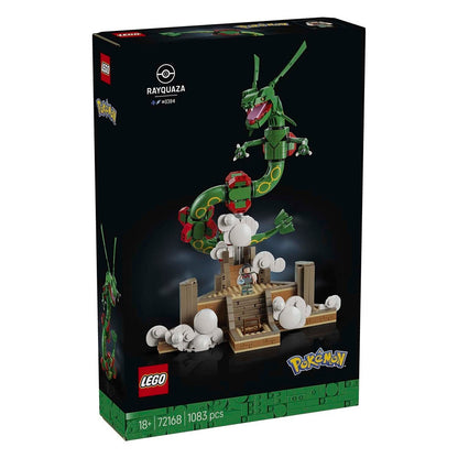 LEGO Pokémon Rayquaza building set box, model 72168, featuring a green dragon design on a dark background with the LEGO and Pokémon logos visible.