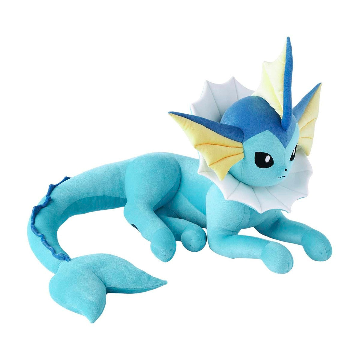 Blue and yellow plush toy on a white background