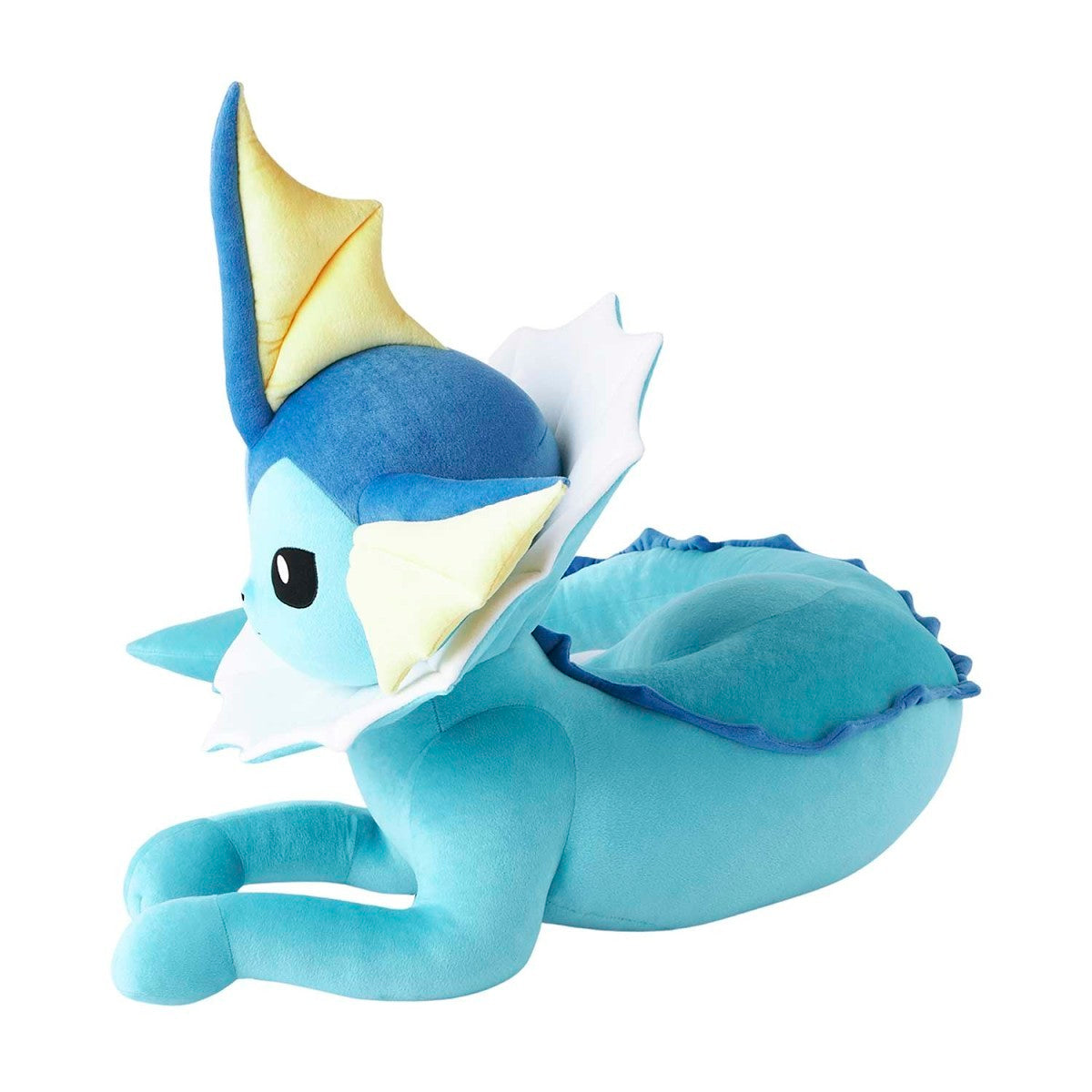 Blue and yellow plush toy with a dragon-like design on a white background