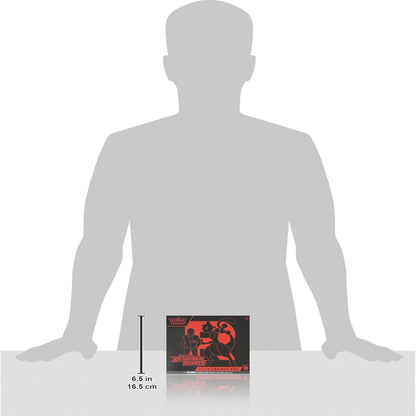 Silhouette of a person next to a box with dimensions displayed