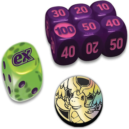 Set of dice with different numbers and a dragon-themed die on a white background