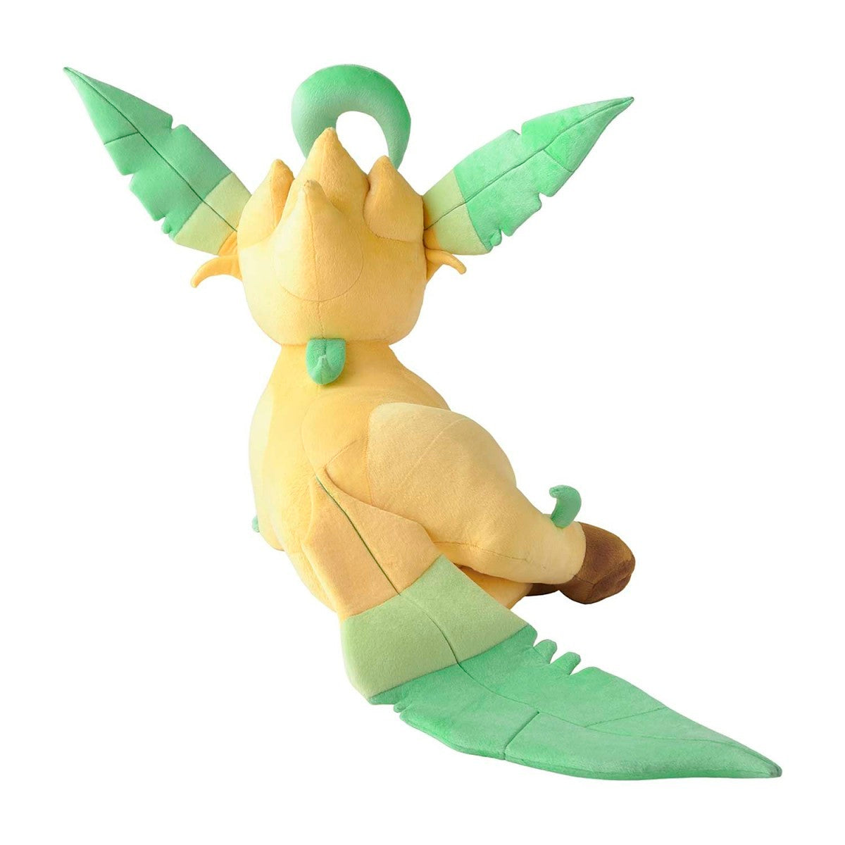 A yellow and green plush toy of a leaf-like dragon or creature, shown from the back on a plain white background.