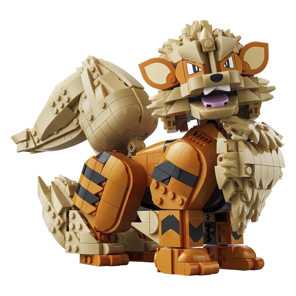 A toy building-block animal figure resembling a stylized fox or chipmunk, constructed from tan and orange pieces with black accents, shown on a plain white background.