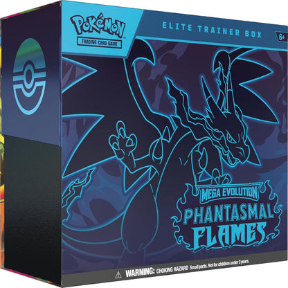 Pokémon trading card game elite trainer box with Mega Evolution Phantasmal Flames design.