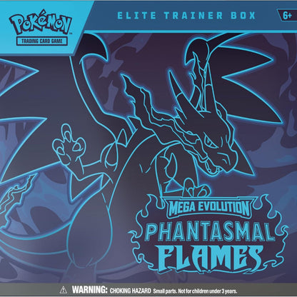 Pokémon trading card game box with Mega Evolution Phantasmal Flames design on a blue background.