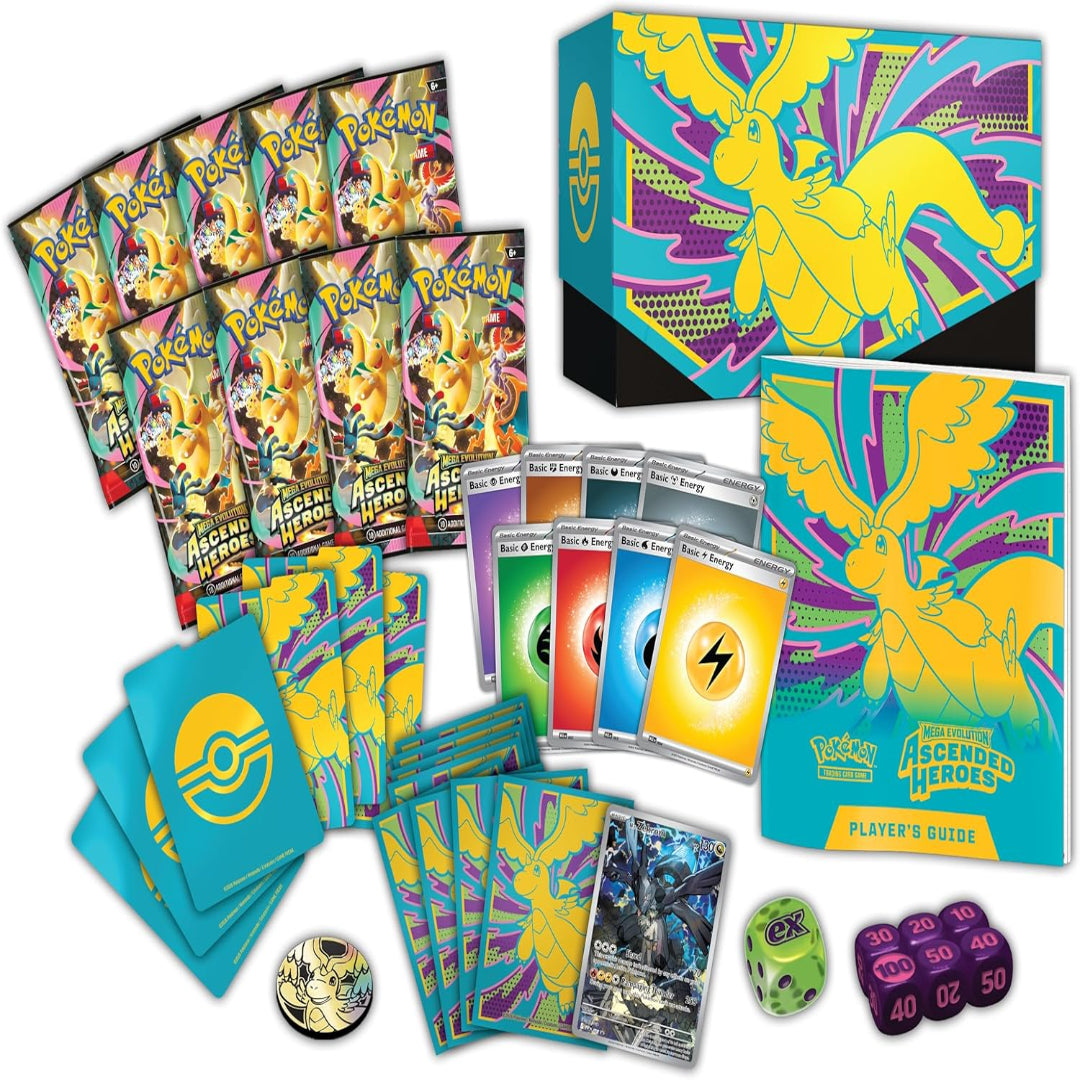 Pokémon trading card game set with cards, booster packs, and accessories on a white background