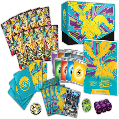 Pokémon trading card game set with cards, booster packs, and accessories on a white background