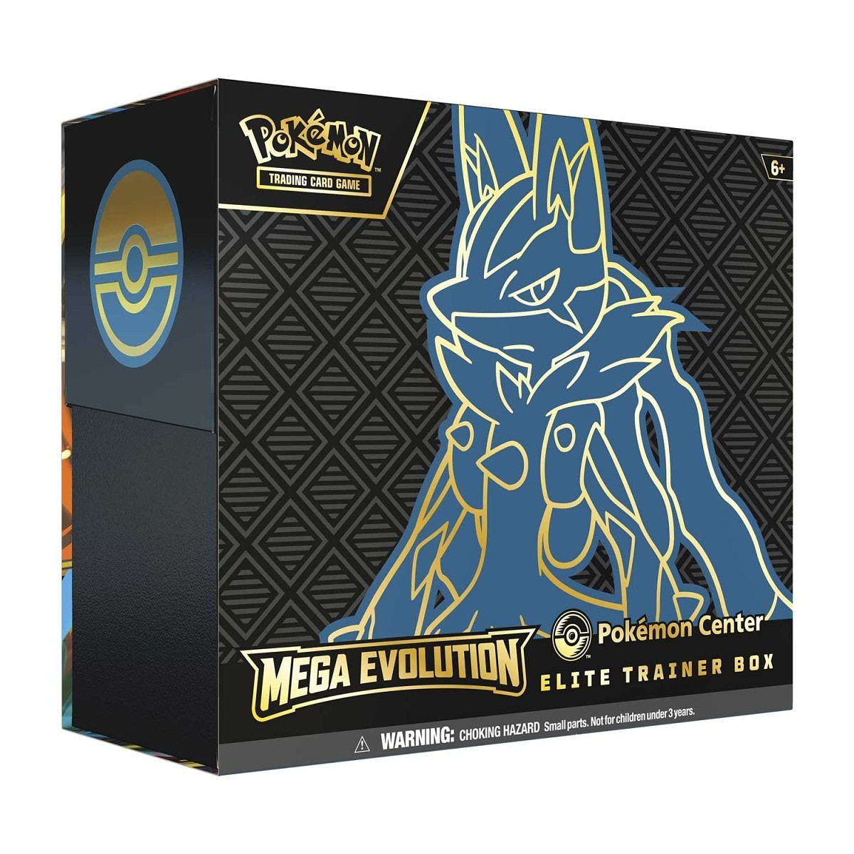 Pokémon Mega Evolution Elite Trainer Box packaging with Pokémon logo and character illustration.