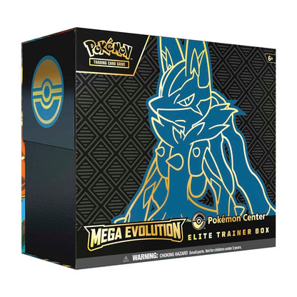 Pokémon Mega Evolution Elite Trainer Box packaging with Pokémon logo and character illustration.