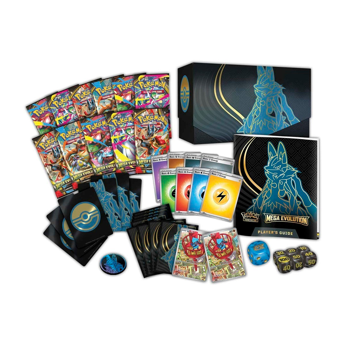 Collection of trading cards, packaging, and accessories on a white background