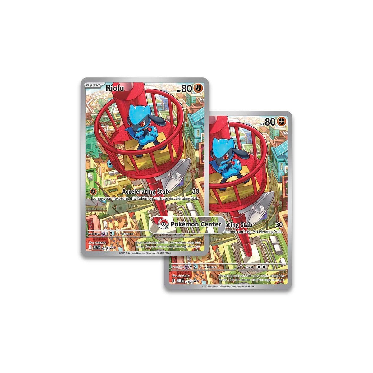 Two trading cards featuring a character in a red chair on a white background