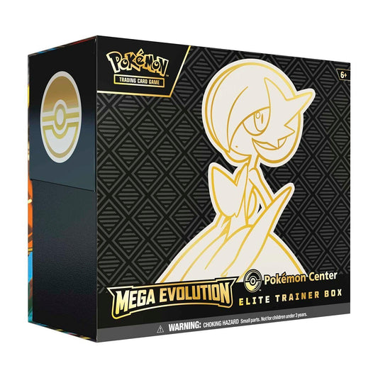 Pokémon Mega Evolution Elite Trainer Box packaging with Pokémon logo and character illustration.