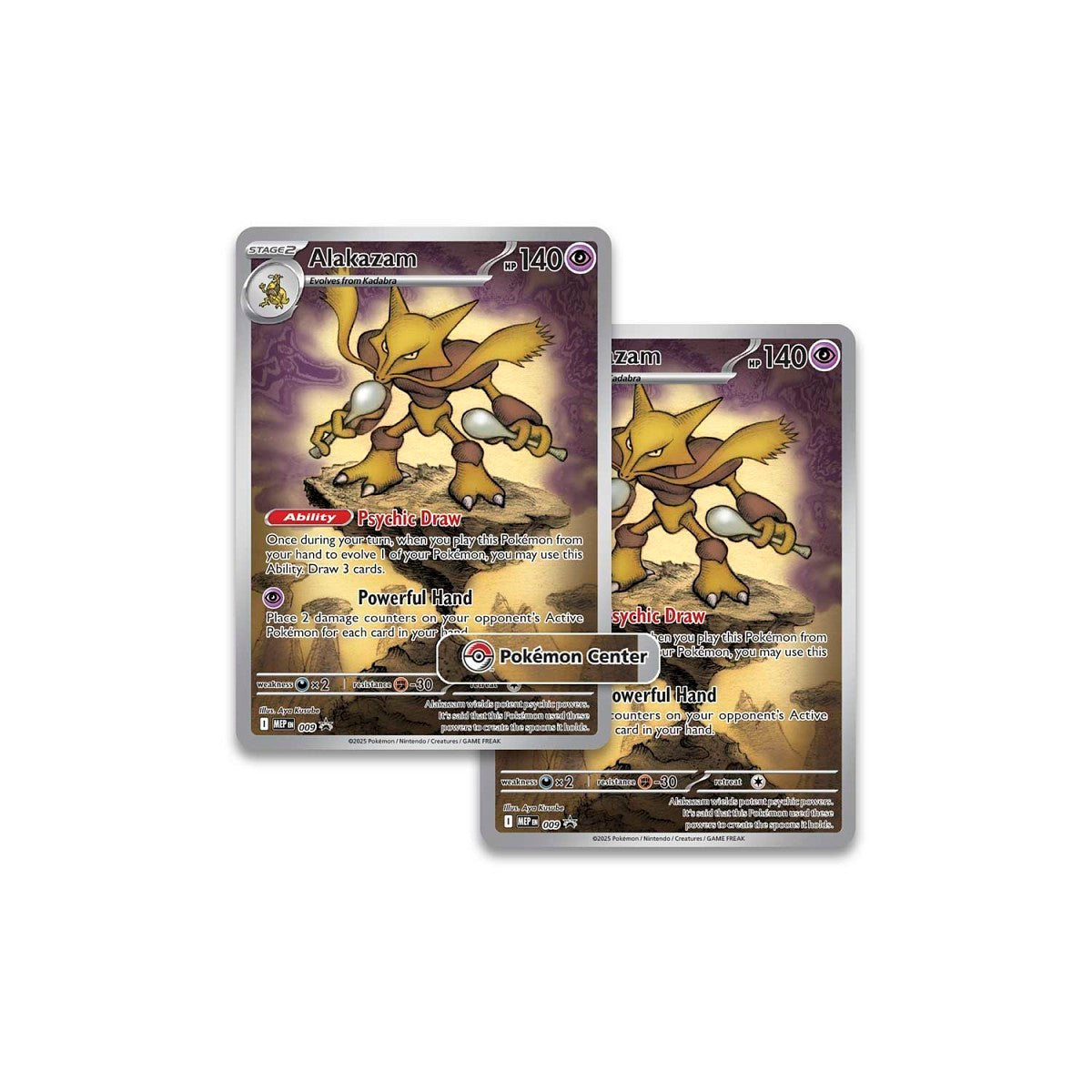 Two Alakazam trading cards from a Pokémon trading card game on a white background