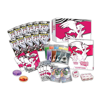 Collection of trading cards and game components on a white background