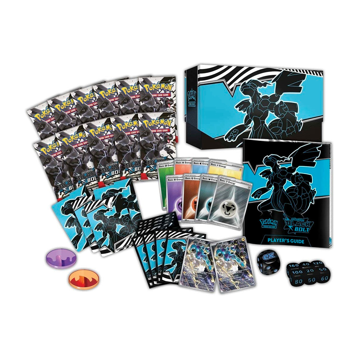 Pokémon trading card game components including cards, dice, and a player's guide on a white background