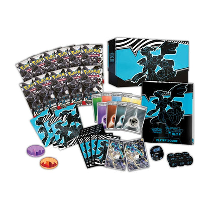 Pokémon trading card game components including cards, dice, and a player's guide on a white background