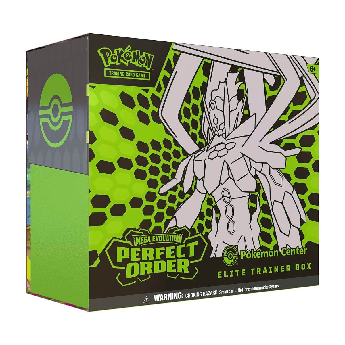 Pokémon Trading Card Game Perfect Order Elite Trainer Box from Mega Evolution, featuring a large black-and-white line art illustration of a Pokémon on a bright lime green and dark gray box.