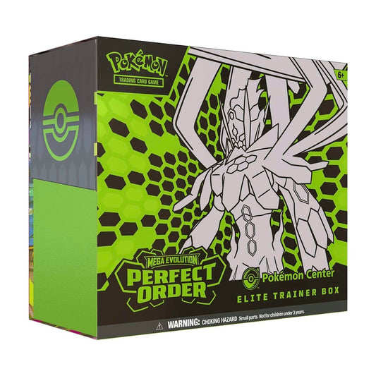 Pokémon Trading Card Game Perfect Order Elite Trainer Box from Mega Evolution, featuring a large black-and-white line art illustration of a Pokémon on a bright lime green and dark gray box.