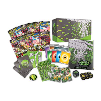 Pokémon trading card game set with cards, a box, and dice on a white background
