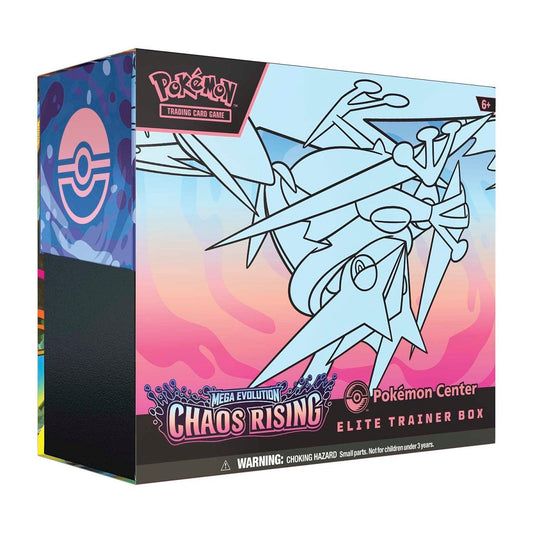 Pokémon trading card game box with Mega Evolution Chaos Rising design on a white background