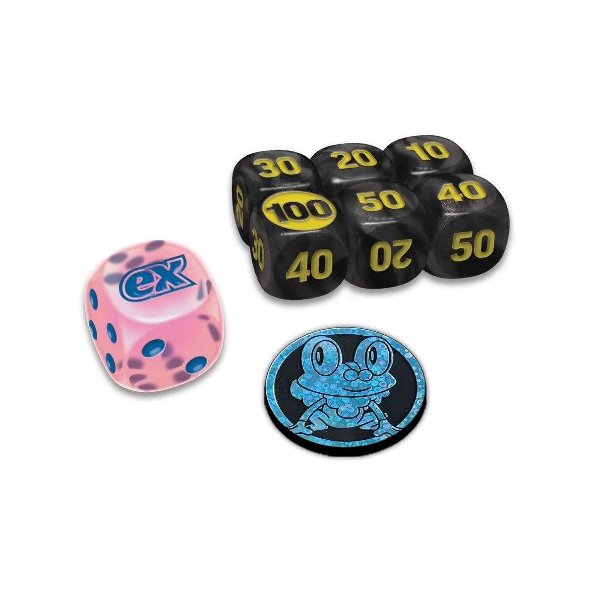 Set of dice with different designs and numbers on a white background