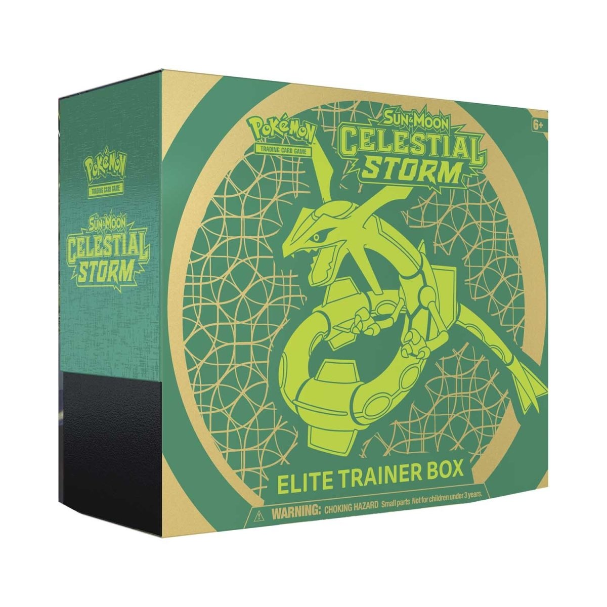 Pokémon Sun & Moon Celestial Storm Elite Trainer Box packaging with green and beige design.