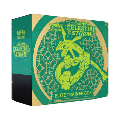 Pokémon Sun & Moon Celestial Storm Elite Trainer Box packaging with green and beige design.