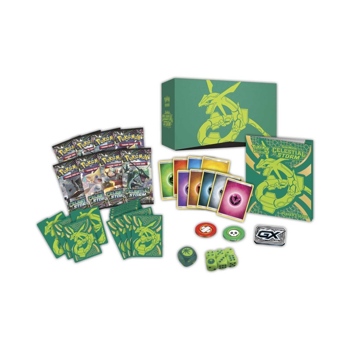 Collection of trading cards and packaging with green and yellow design on a white background