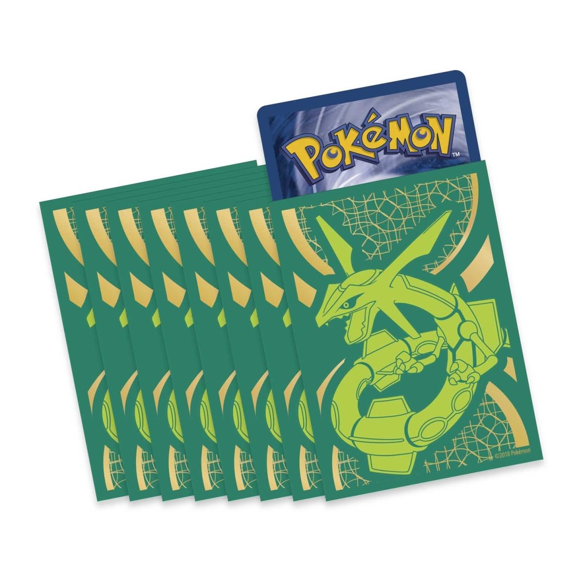 Set of green card sleeves with a dragon design and a blue Pokémon card on top