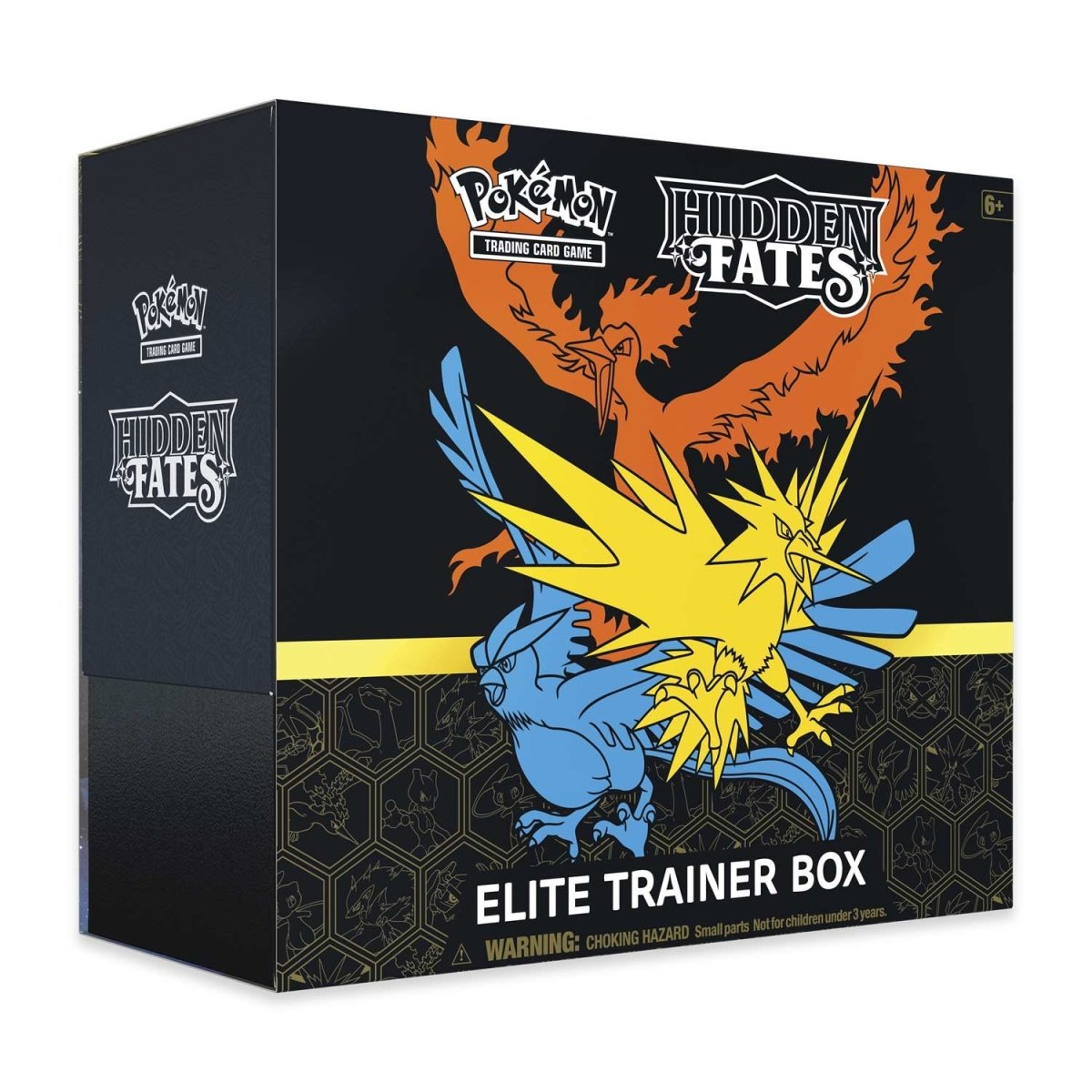 Pokémon Hidden Fates Elite Trainer Box packaging with Pokémon logos and artwork.