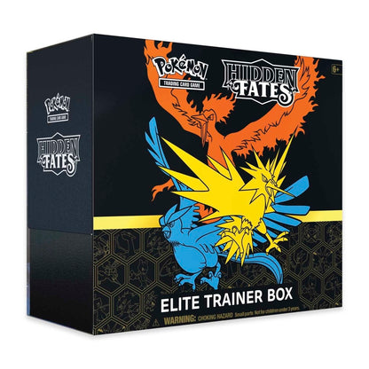 Pokémon Hidden Fates Elite Trainer Box packaging with Pokémon logos and artwork.