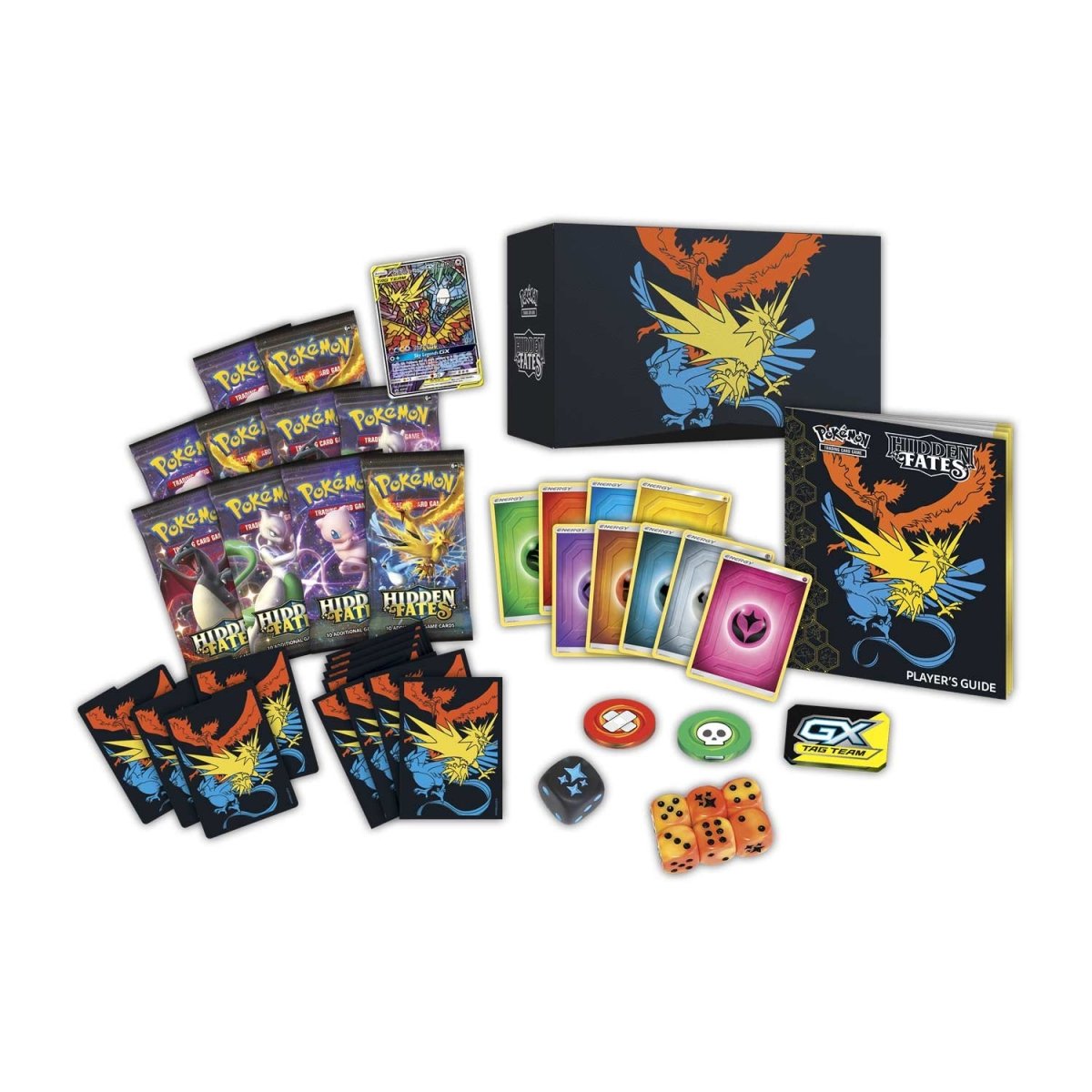 Pokémon trading card game set with cards, box, and accessories on a white background