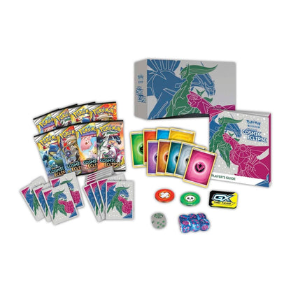 Pokémon trading card game set with cards and a box on a white background