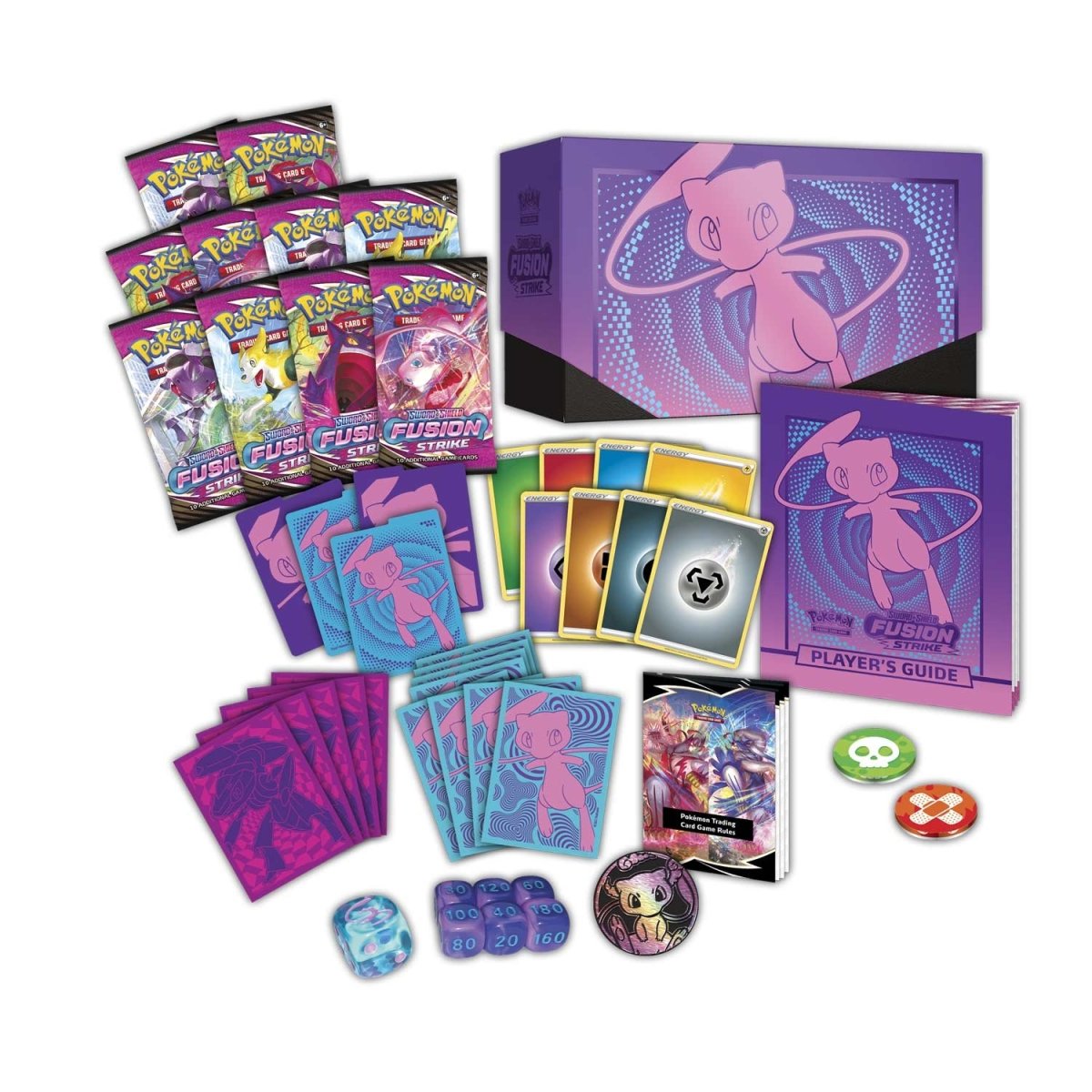 Collection of Pokémon trading cards and accessories on a white background