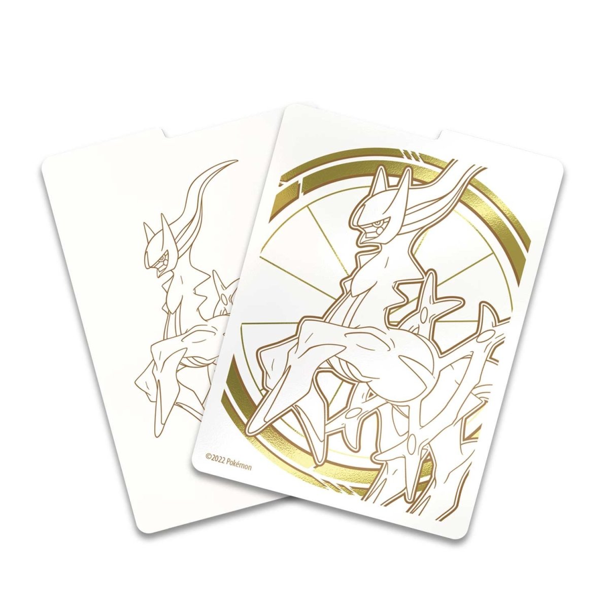 Two cards featuring a stylized creature design with gold accents on a white background