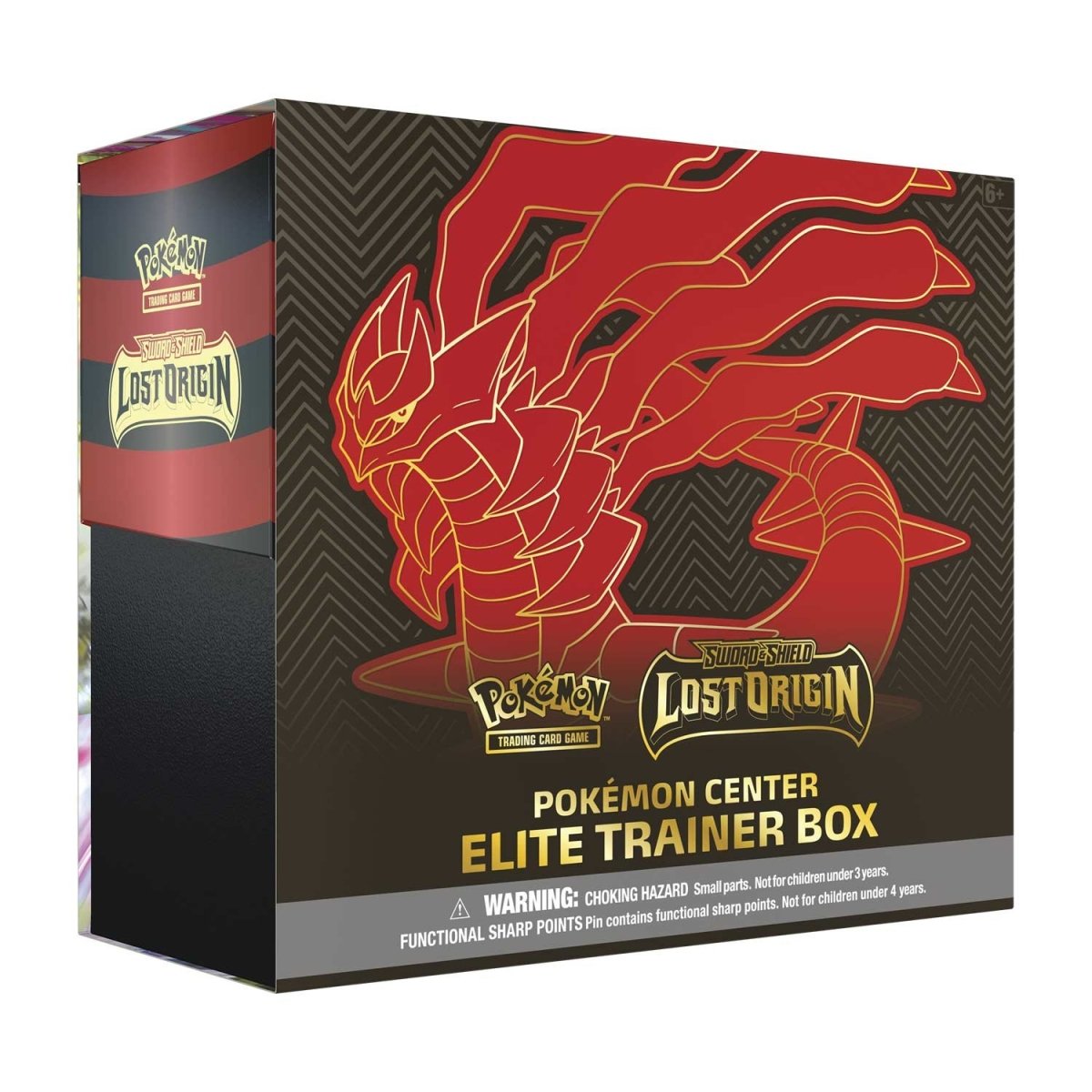 Pokémon Lost Origin Elite Trainer Box packaging with red dragon design on a white background