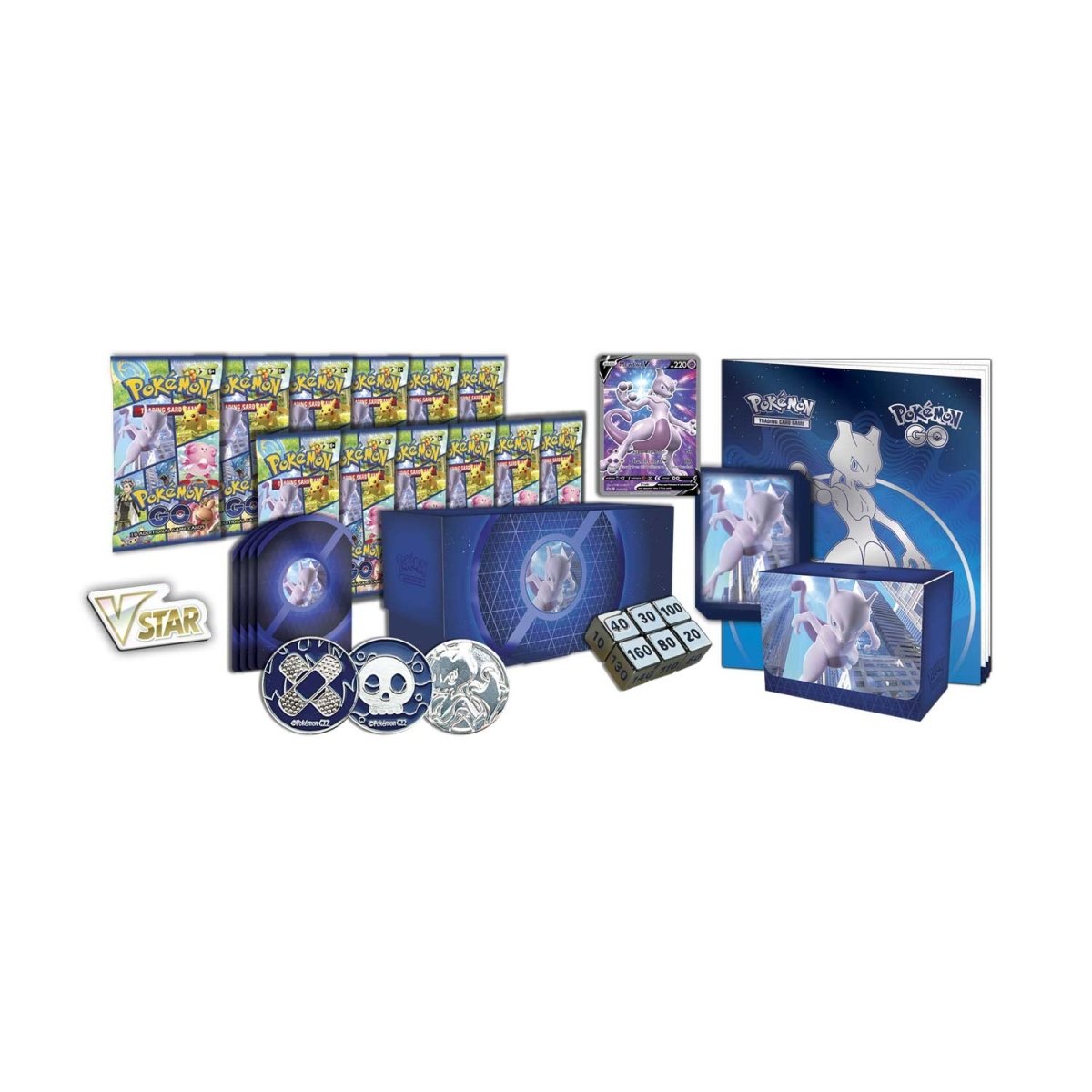 Pokémon trading card game products including cards, a binder, and a figure on a white background