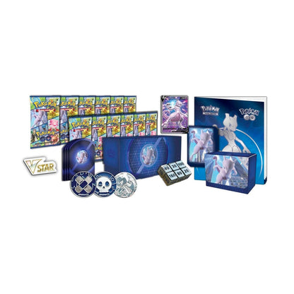 Pokémon trading card game products including cards, a binder, and a figure on a white background