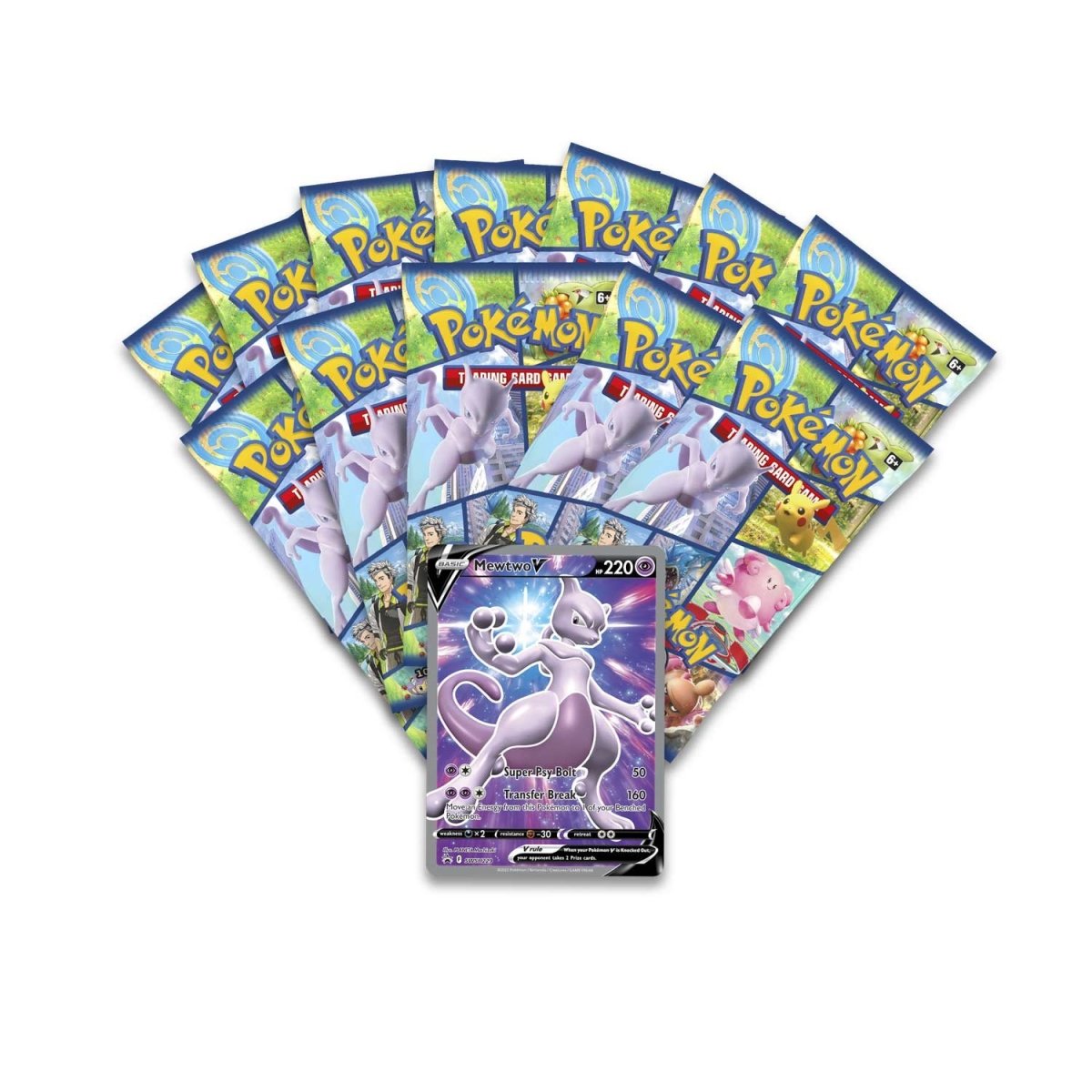 Collection of Pokémon trading cards with a prominent Mewtwo card on a white background