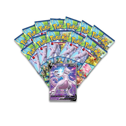 Collection of Pokémon trading cards with a prominent Mewtwo card on a white background