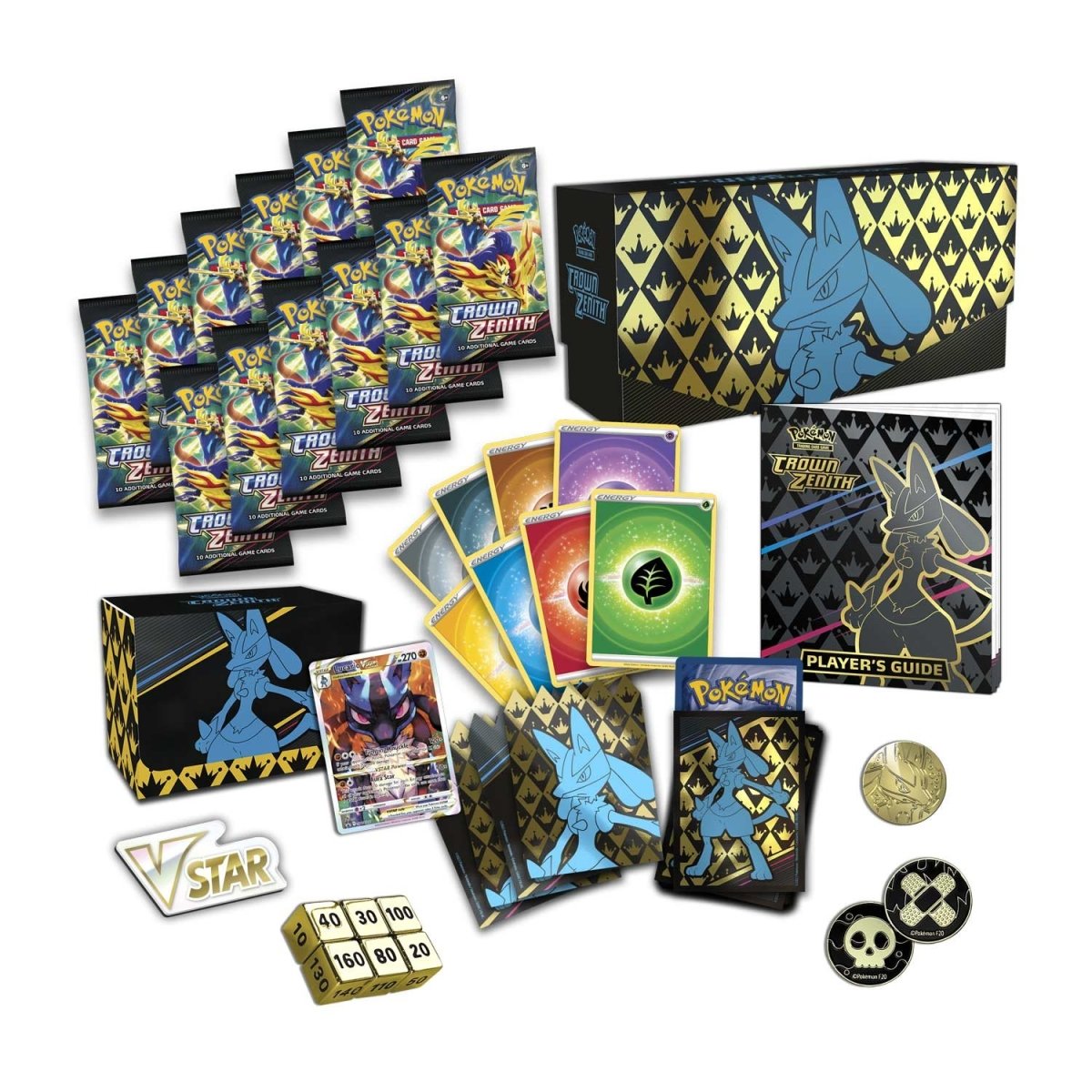 Collection of trading cards, packaging, and accessories on a white background