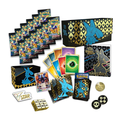Collection of trading cards, packaging, and accessories on a white background