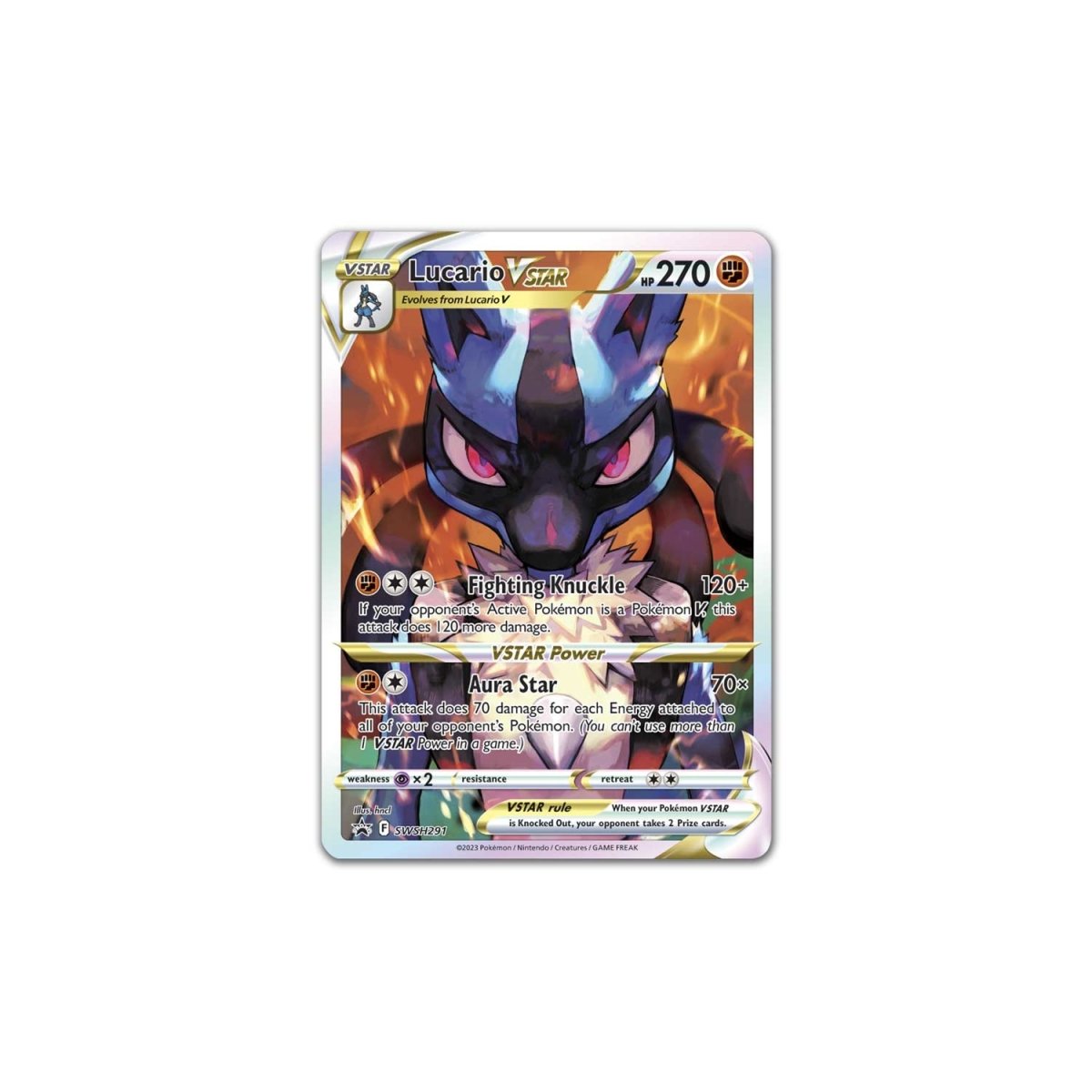 Pokémon trading card featuring Lucario with V-Star power on a white background