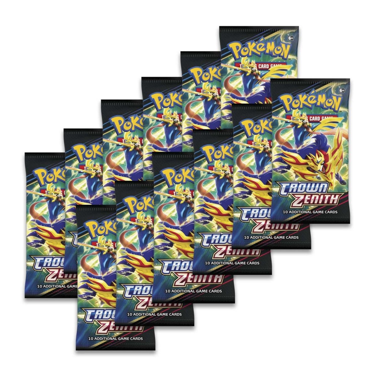 Multiple packs of Pokemon Crown Zenith trading card game on a white background