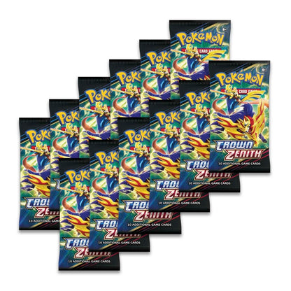 Multiple packs of Pokemon Crown Zenith trading card game on a white background
