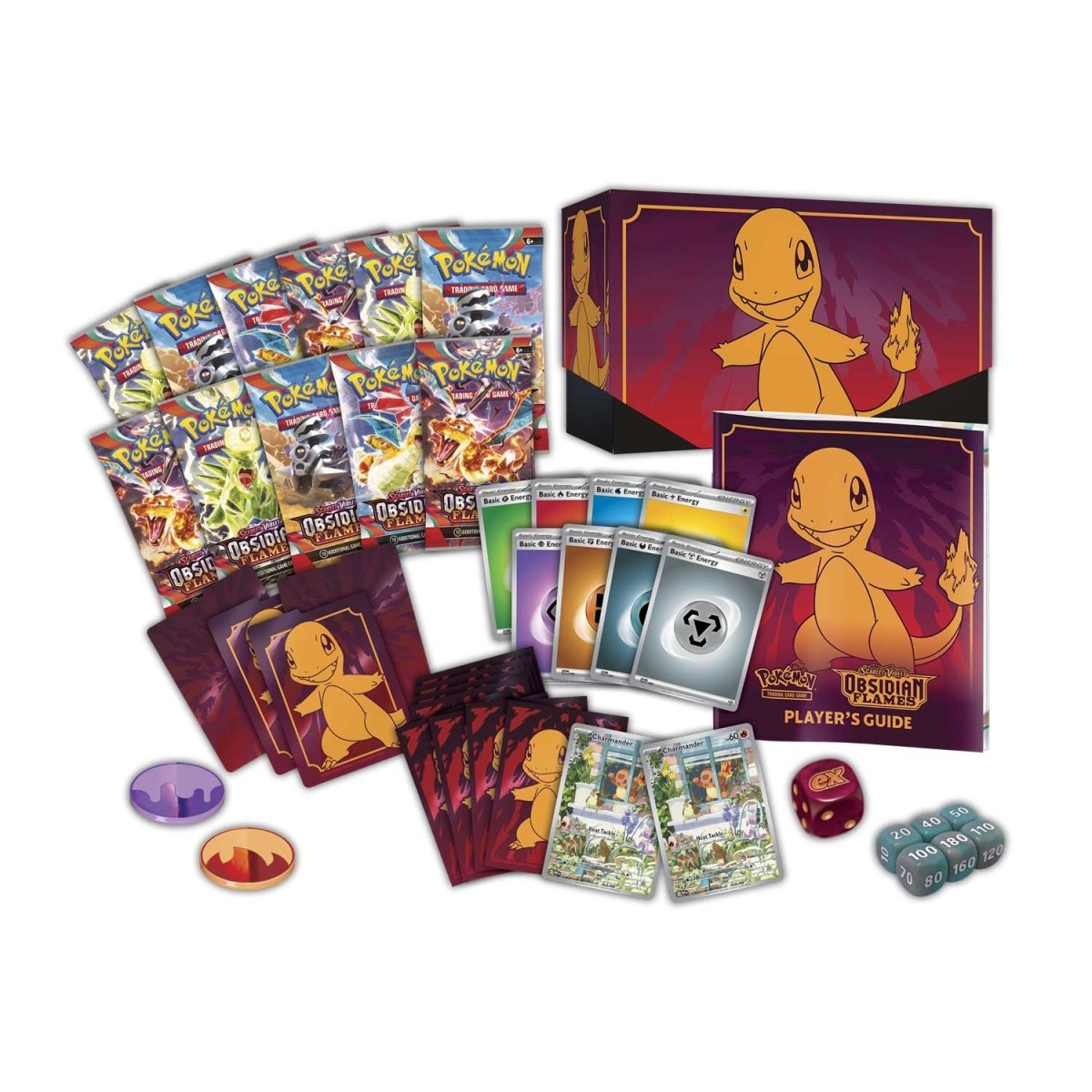 Pokémon trading card game set with cards, guidebook, and figures on a white background